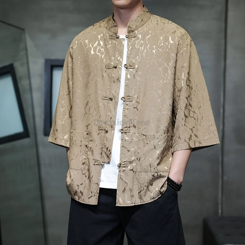 2025 النمط الصيني رقيقة الحرير الجليد قميص رجالي الرجعية الراقية المألوف الجاكار تانغ دعوى قميص صيفي أنيق متعدد الاستخدامات
