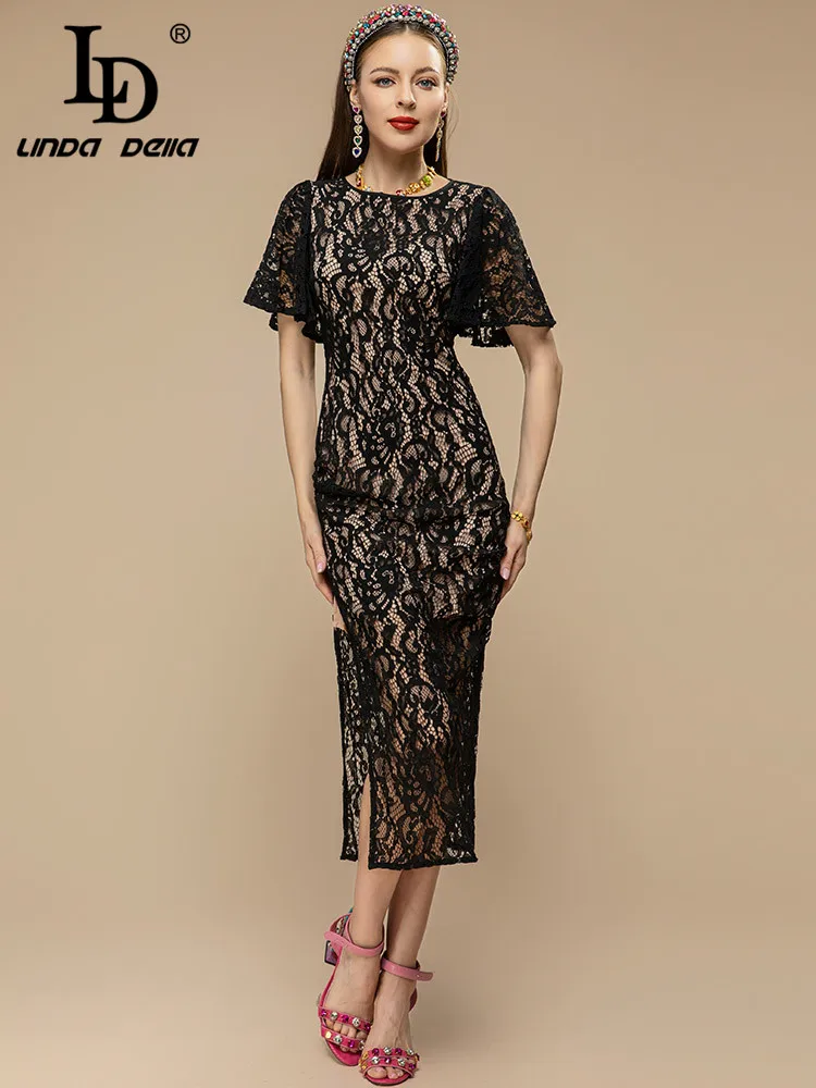 LD LINDA DELLA 2023 Fashion Runway Summer Dress Women Short sleeve Vintage Lace Hollow Out Slim Black Club Party Midi Dress