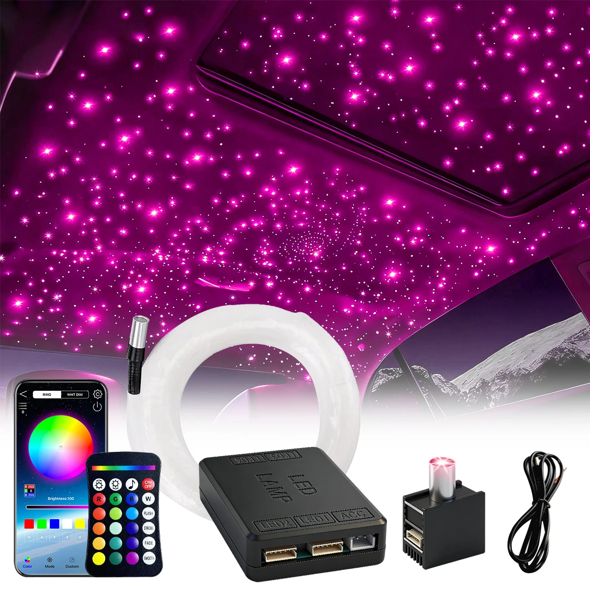 2026 Nieuwe RGBW DC12V 16W 1/2-Split Sterrenhemel Atmosfeerlicht APP Besturing Glasvezel Auto Sterrenhemel Plafond Dak Kits Interieur