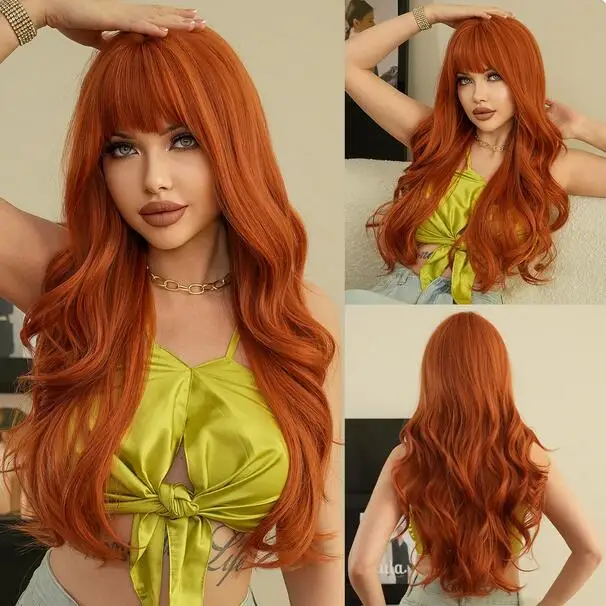 

New Orange Wigs Bangs Long curly hair straight bangs Synthetic fiber high-temperature silk mechanism wig Dark Orange Wigs