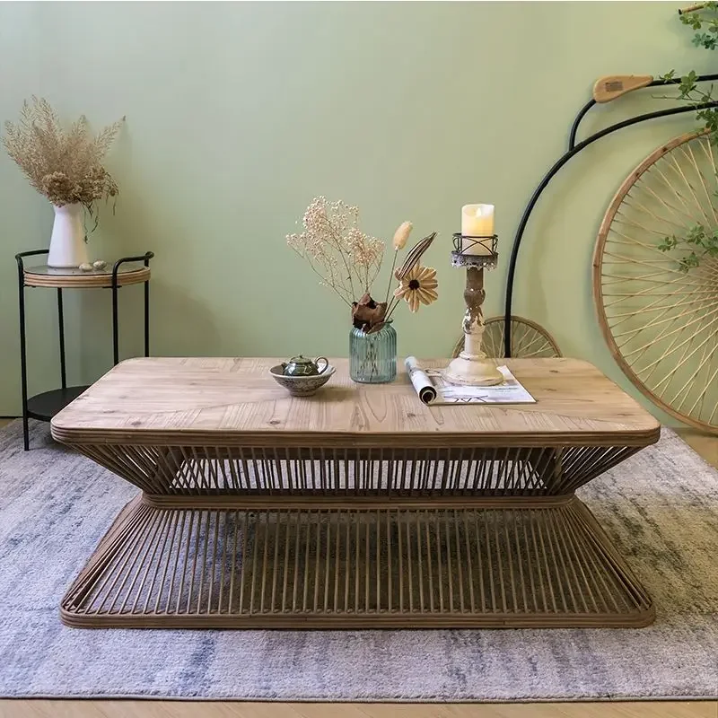 Rattan Round Tea Vintage American Style Living Room Sofa Side Table Small Apartment Simple Round Coffee Table End Nightstand