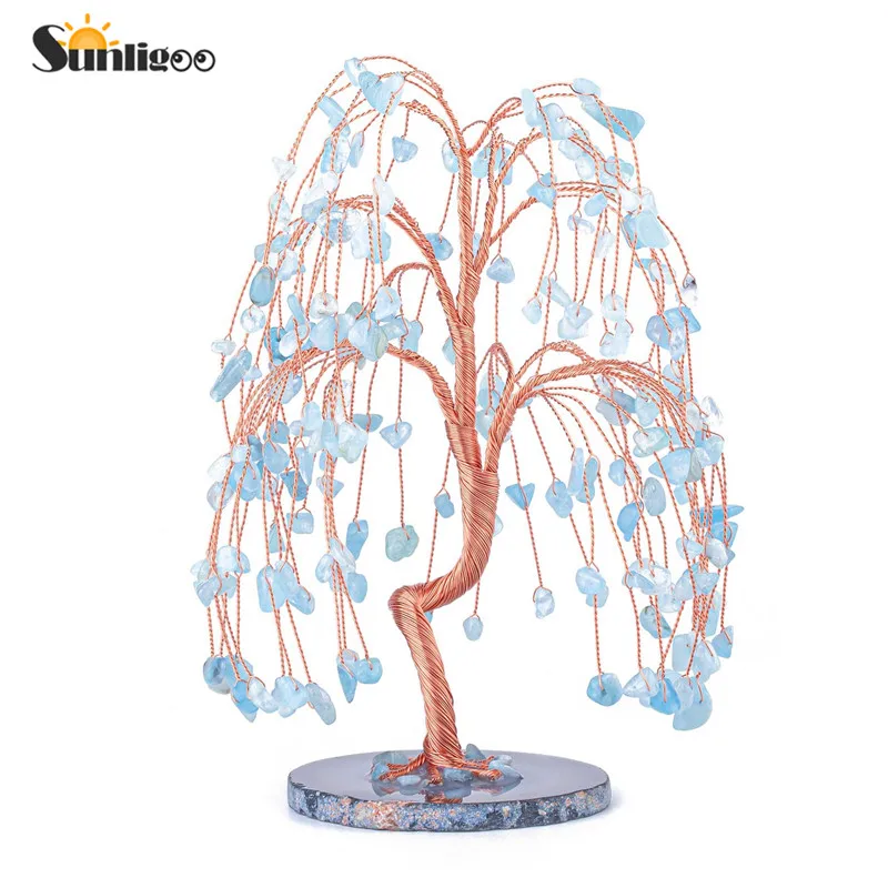 Sunligoo Healing Crystal Lucky Trees Figurines Gemstone W/ Natural Agate Base Chakra Money Tree Feng Shui Ornaments Home Decor