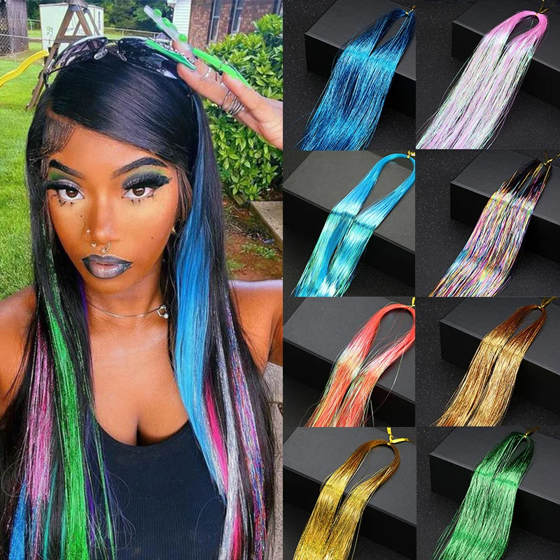 Sparkle Shiny Hair Tinsel for Women Rainbow Color Braiding Hair Extensions Glitter Strands Hairpiece Dazzles False Hair Cosplay