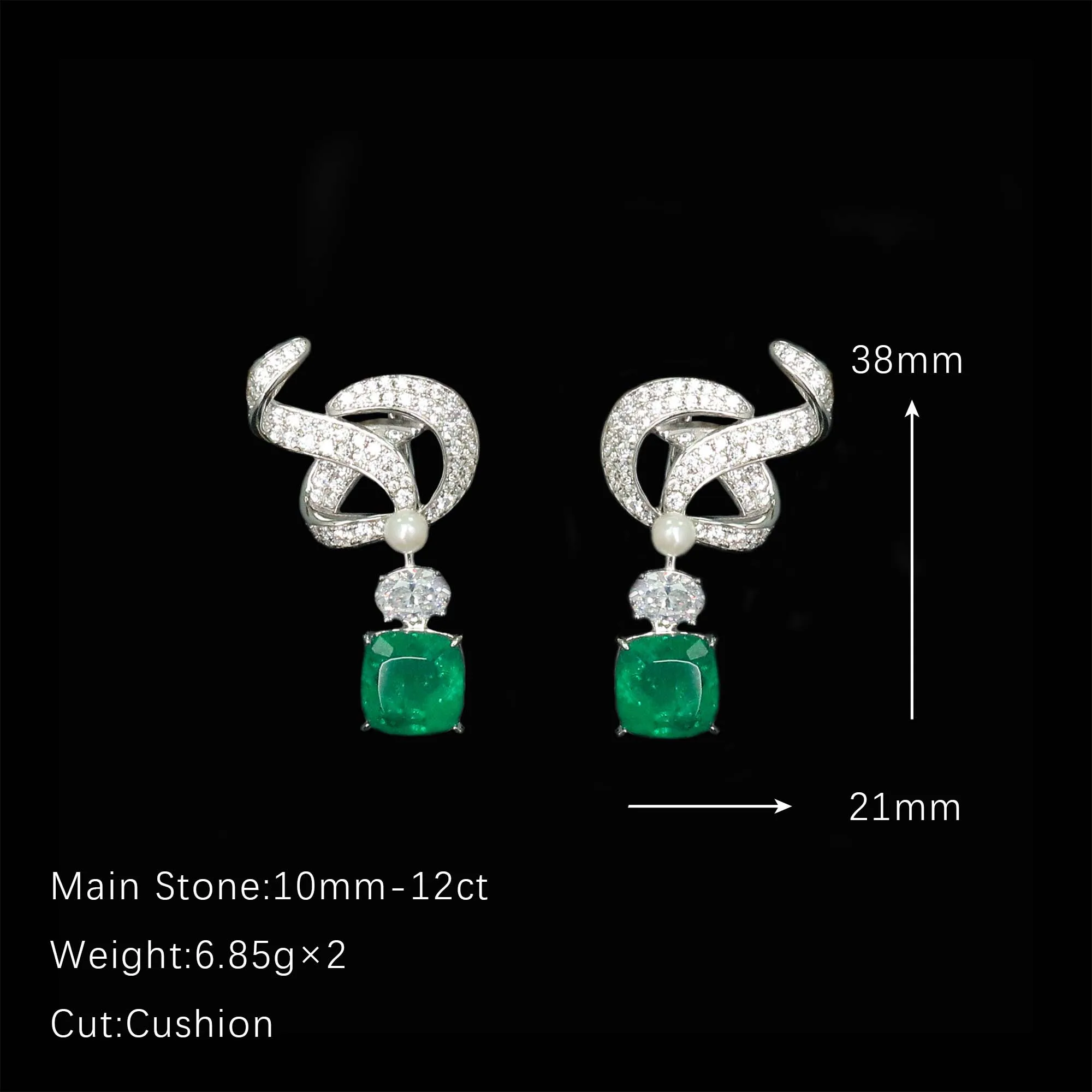 12ct Artificial Cushion Emerald Clip-on Earrings 925 Sterling Silver Rhodium Plated Fine Jewelry for Women's Valentines Gifts