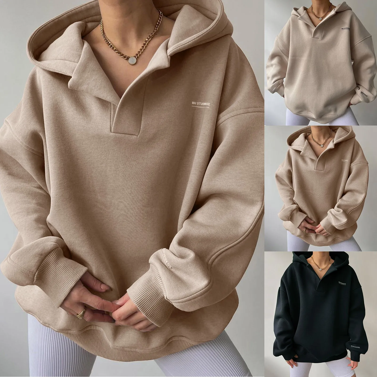 Summer New Trendy Korean Ladies Hoodie Harajuku Slim Long Sleeve Basic Oversized V-neck Fleece Sweatshirt Winter Clothes