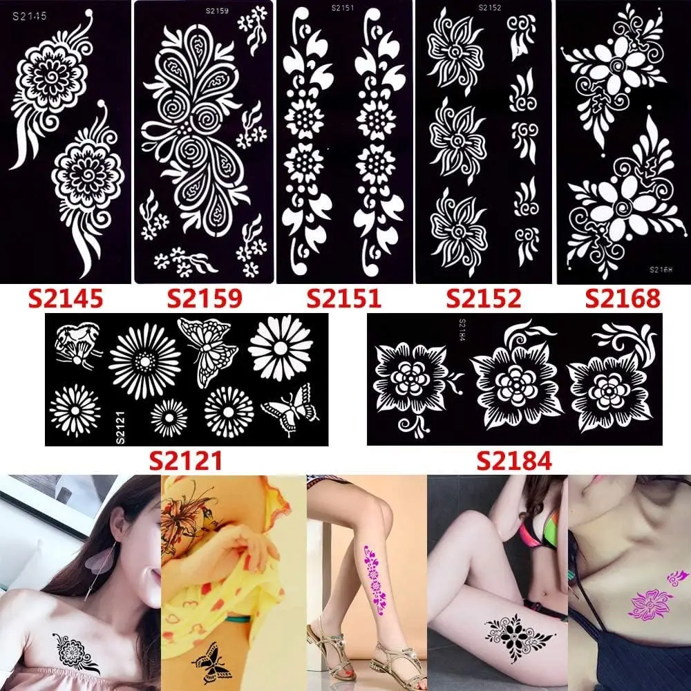 GLARYYEARS Temporary Tattoo Stencil - 7 Pack Flower large size, Henna Tattoo Hollow Templates, Makeup Long Lasting for Body