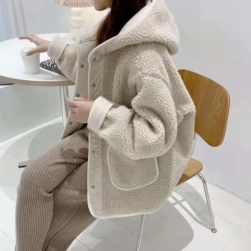 Lamb Wool Hooded Coats Women Spring Autumn Trendy Cardigan Hoodie Jackets Korean Polar Fleece Thicken Loose Short Jacket Woman