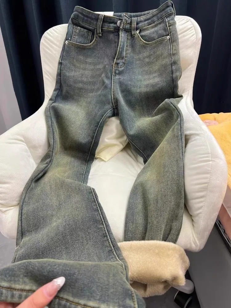 

Thickened Fleece Lined Retro American Bell Bottom Jeans Women Winter plus Size High Waist Slimming Long Trousers Trendy