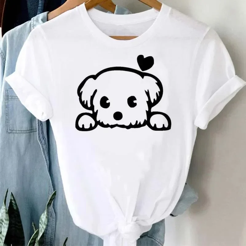 Kawaii Dog Heartbeat Print Women T-shirt Funny 90s Print Short Sleeve Tee Shirt Female Clothing Cute Woman Clothes Y2k Tops