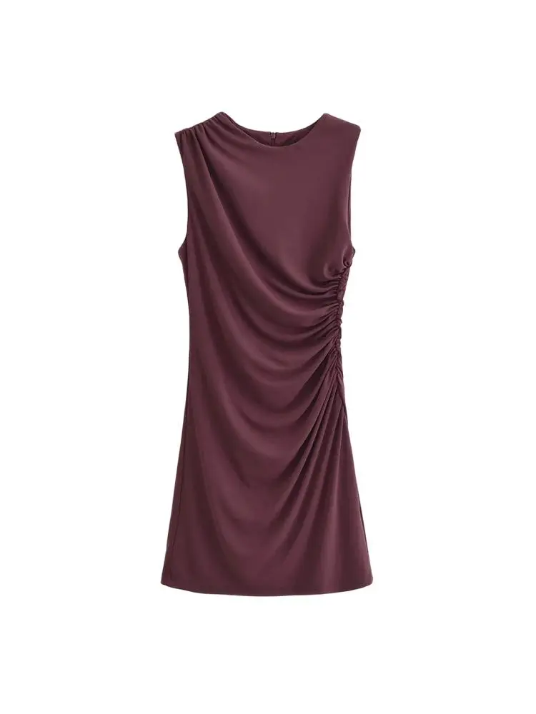 TRZA-Women's Draped Mini Dress, O Neck, Sleeveless, Back Zipper, Female Dresses, Sexy Fashion image 5