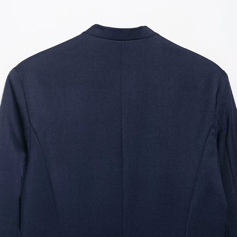 Willshela Women Fashion With Pockets Navy Blue Double Breasted Blazer Vintage Long Sleeves V-Neck Female Office Lady Outfits