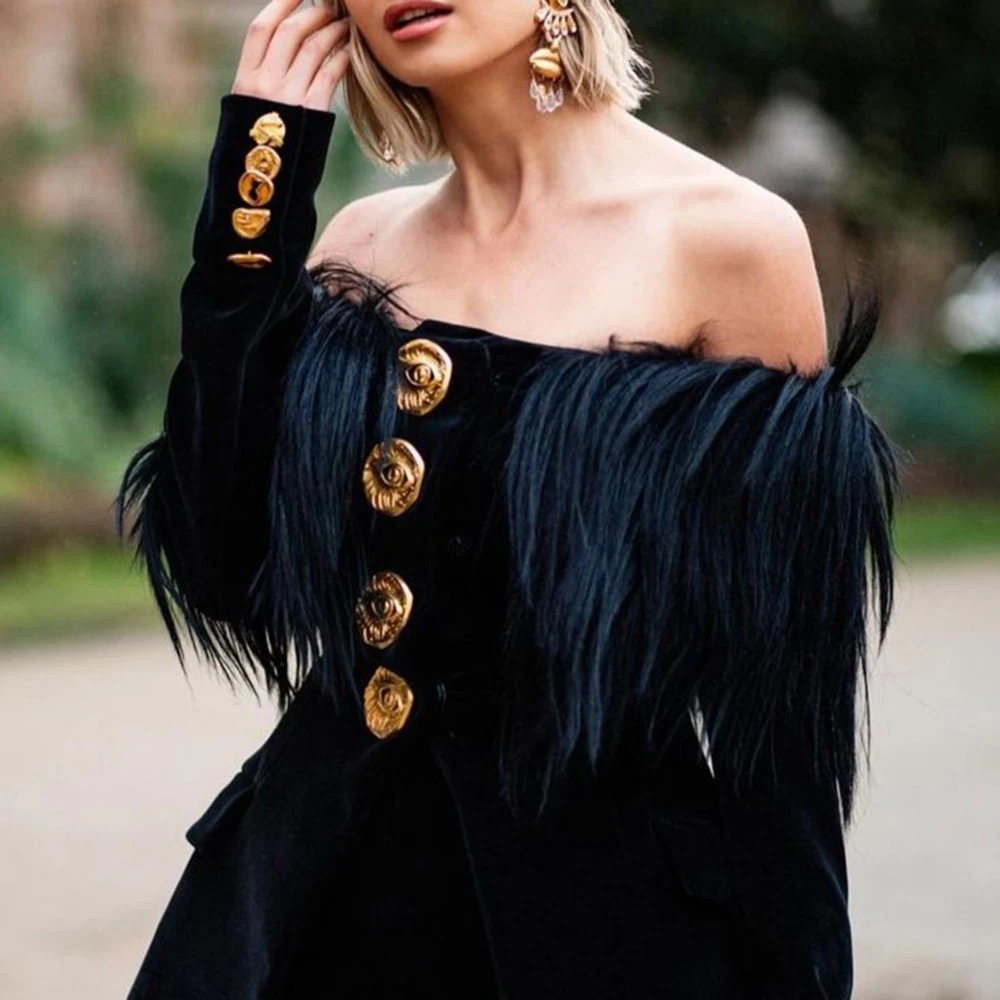 TWOTWINSTYLE Black Spliced Single Breasted Jacket Female Slash Neck Long Sleeve Light Luxury Women's Jackets Autumn Fashion New
