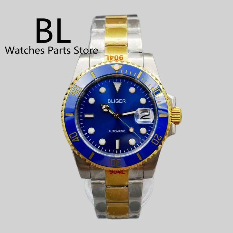 BLIGER 40mm Luxury Diver\'s Watch For Men Two-tone Gold Sapphire Glass Luminous Automatic Mechanical Wristwatches Jubilee Strap