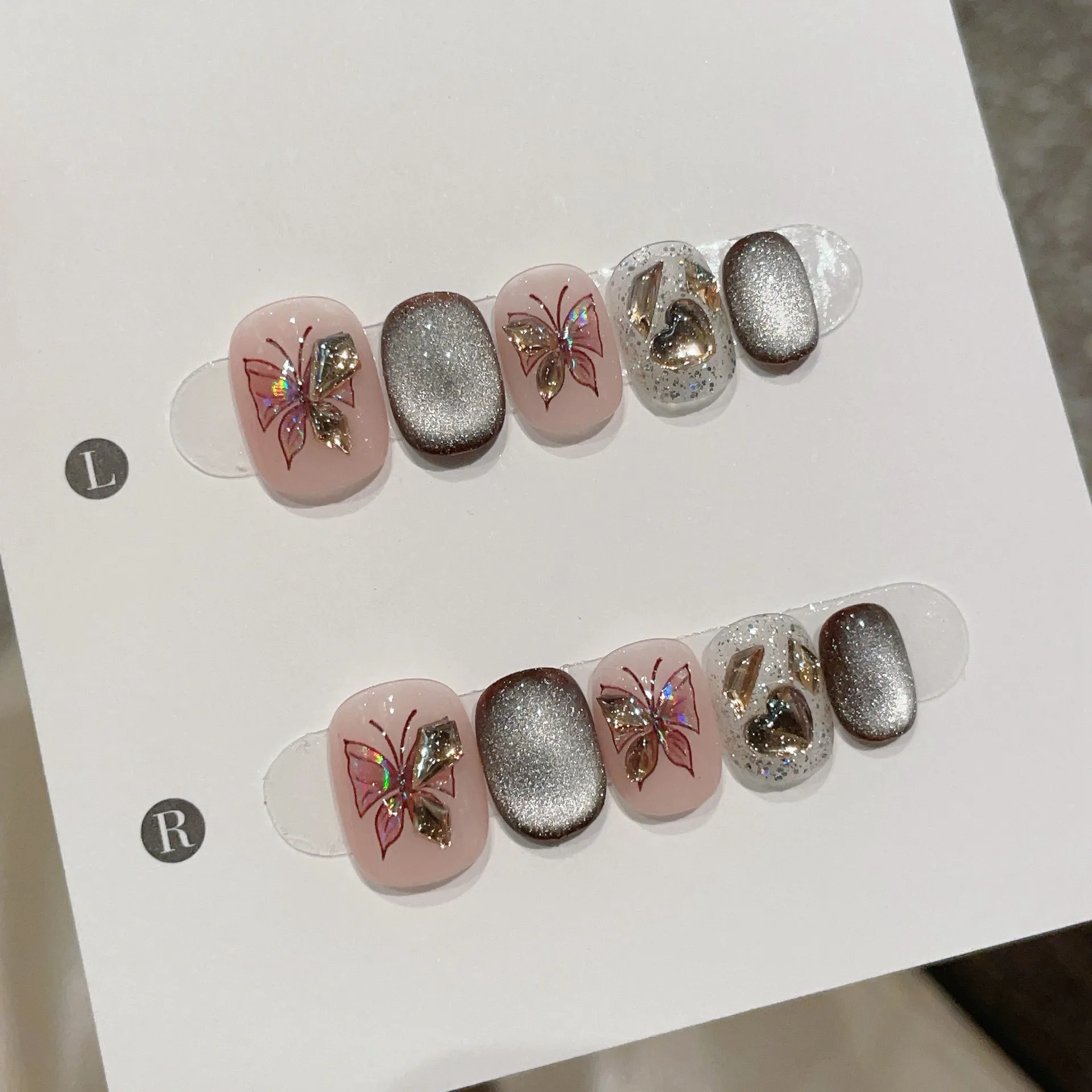 

10pcs Butterfly Handmade Nails Glitter Cat-Eye Press on Nail Short Square Round Full Coverage Nail Tip for Women&Girl False Nail