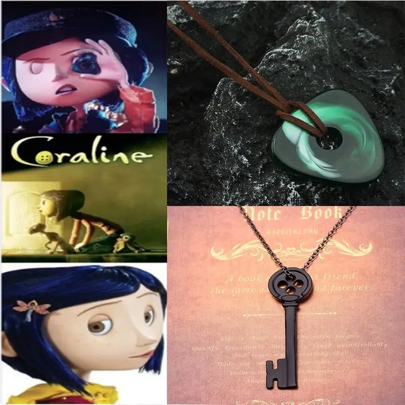 Anime Coraline Seeing Stone Necklace Handmade Rope Chain Green Looking Stone Skeleton Key Pendant Necklace Cospaly Party Jewelry