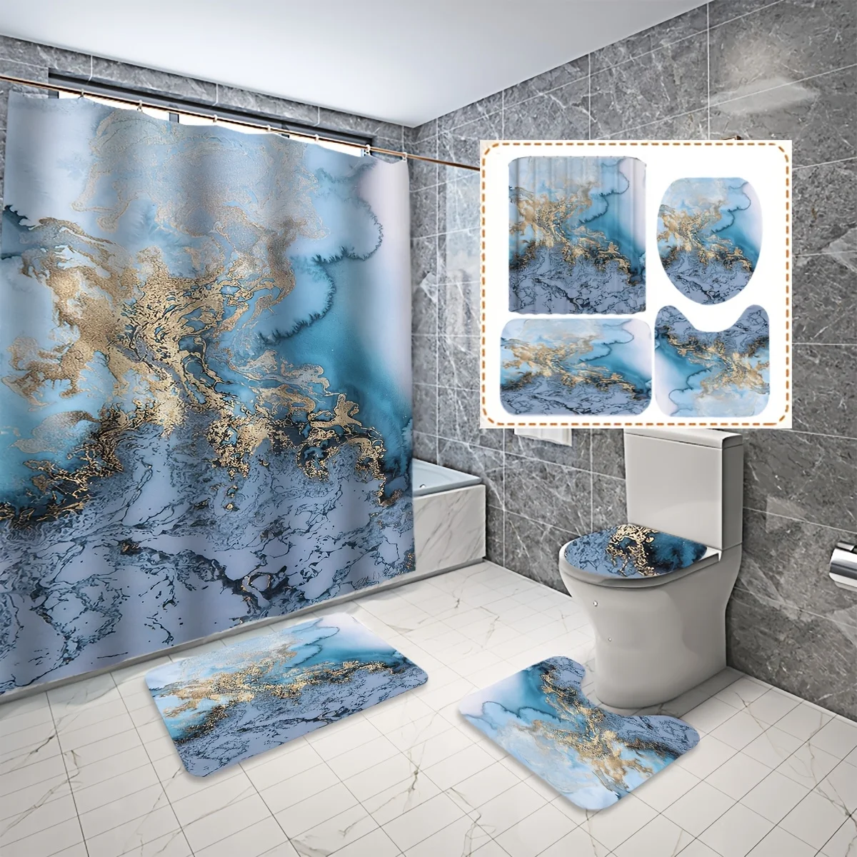 

Набор из 4 мраморных занавесок для душа, 3D тканевая занавеска для ванной комнаты с крючками, фланелевое сиденье для унитаза, нескользящий коврик