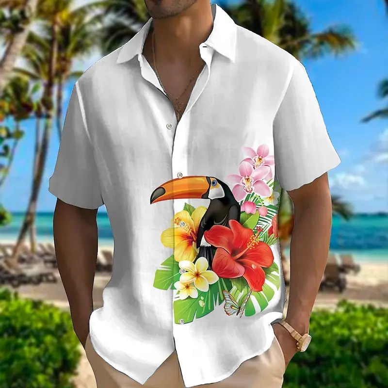 Funny 3D Parrot Print Shirts For Men Fashion Flower Pattern Short Sleeve T-Shirts Casual Lapel Loose Tops Summer Beach Clothing
