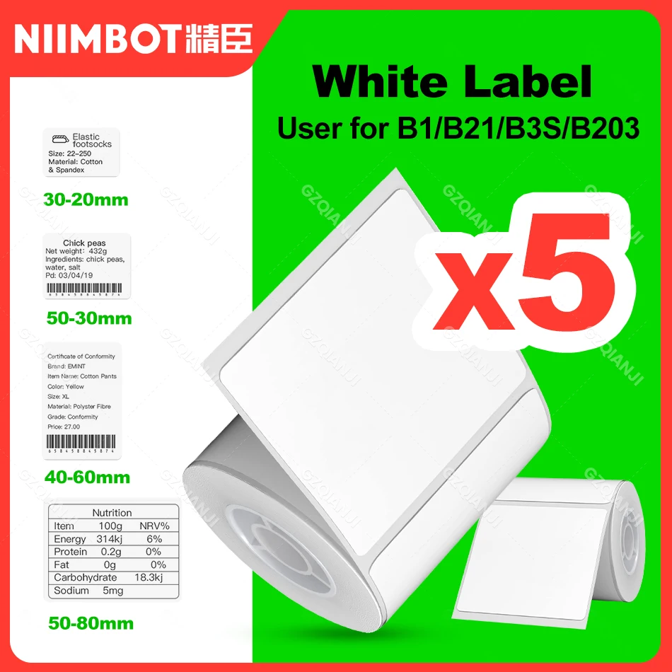 

5 Rolls White Niimbot B21 B1 B3s B203 Label Thermal Paper Rolls Pocket Sticker Waterproof Oil Sublimation for Printer Official