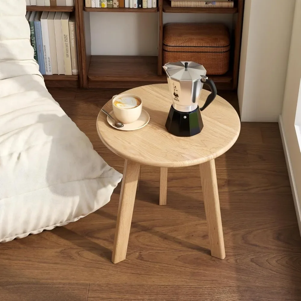 

100% Solid Oak Round Side Table, Small Side Table for Small Spaces, 3-Legged Living Room End Tables with Stable Frame
