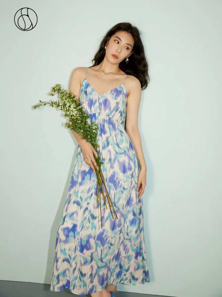 

DUSHU Little Fresh Vacation Style Halo Dye Printed Strap Dress Summer New 2023 Slim Dress Women Blue Boho Women Dress