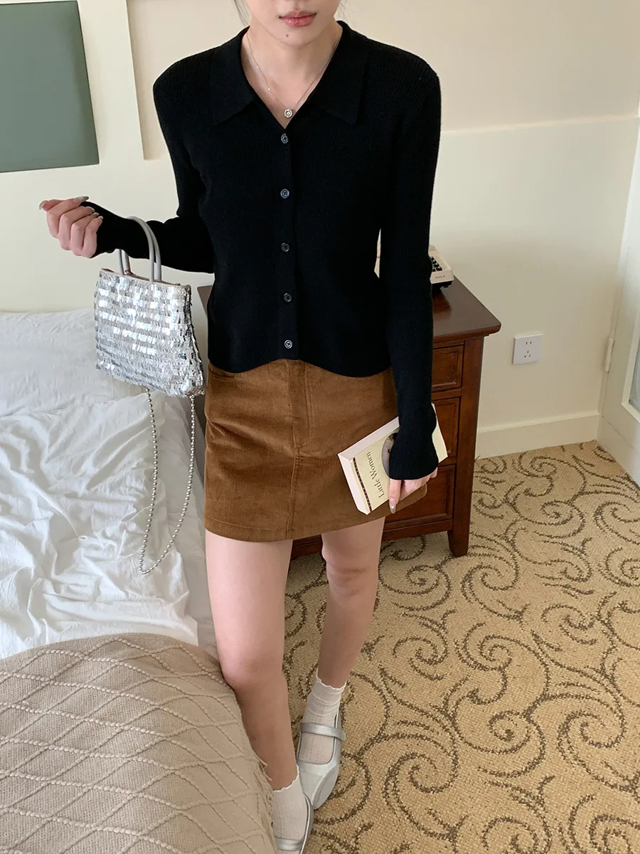 

Ранняя осень, новый корейский стиль, простой лацкан, полоска в яточку, утягивающий вязаный кардиган