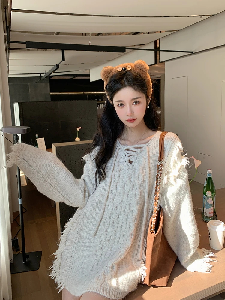 

Вязаный свитер с бахромой Chen Dayu Design, женский, свободный, зимний, с поясом, V-образный вырез, длинный рукав, теплый