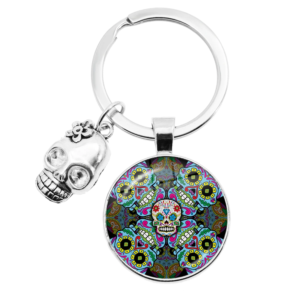 Hot Selling Colorful Sugar Skull Keychain Mexico Folk Art Patterns Glass Key Chain Skulls Accessory Jewelry Holiday Gift