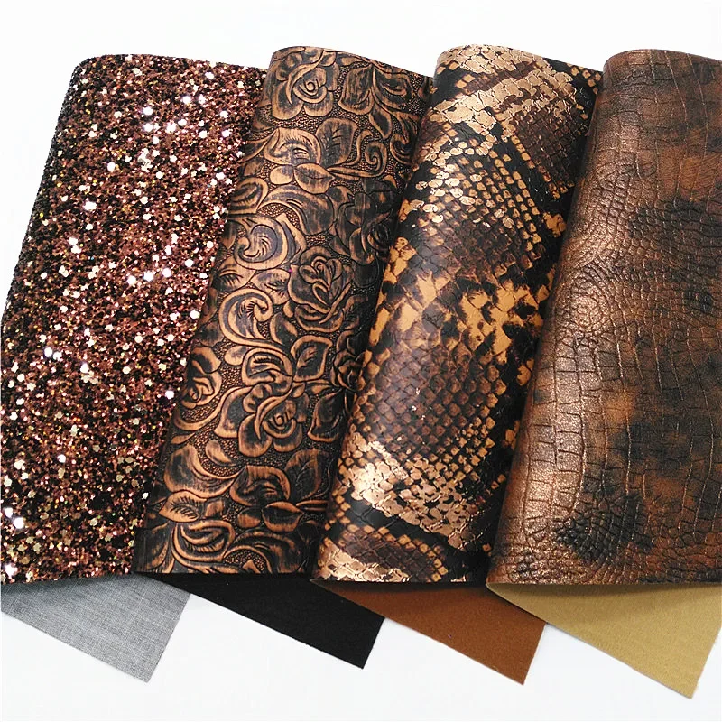 Brown Chunky Glitter Leather Crocodile Snake Embossed Vintage Synthetic Leather Vinyl Leather Sheets For Bows DIY 21x29CM Q887