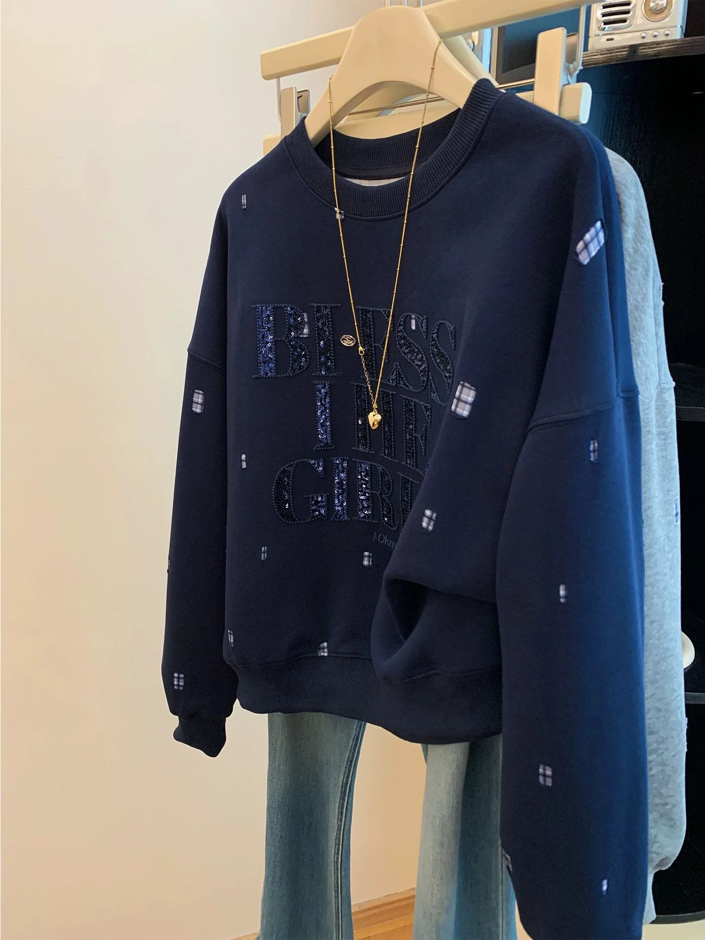 Extra grande tamanho longo sve bordado lantejoulas carta moletom feminino solto casual coreano sle topo para plus size