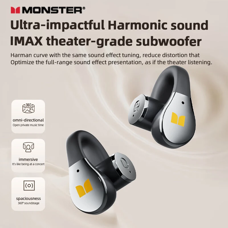 Monster MQT60 Earphones Wireless Bluetooth HIFI Sound HD Call Headphones Ear Clip Long Battery Life Noise Reduction Sport Earbud