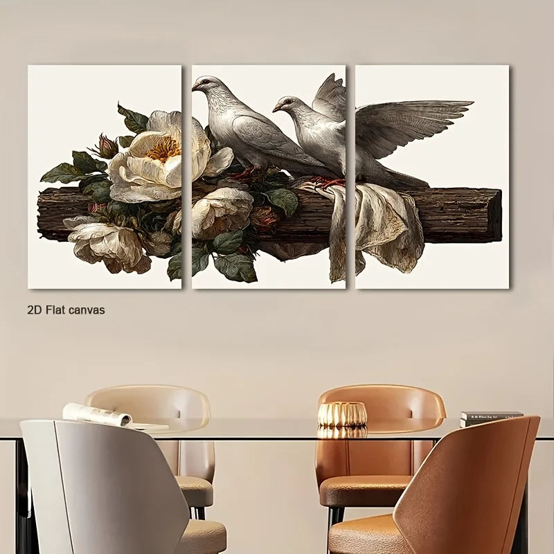 Frameless Canvas 2D Flat Canvas 3pcs Doves & Ivory Rose Canvas Wall Art, Framed And Ready To Hang, Suitable For Room Decor,