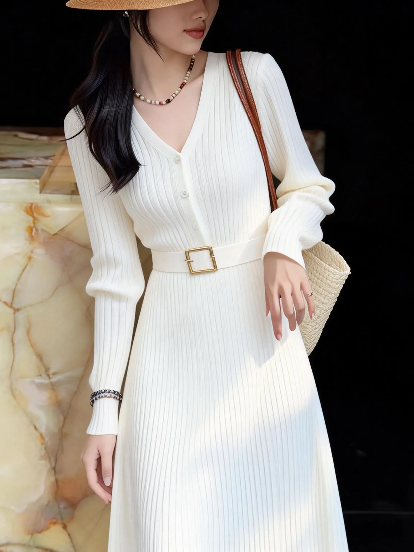 

Ele French Sle White Knitted Dr Luxury mat A-Line Silhouette Long Sve V-Ne Casual Wear for Ladies