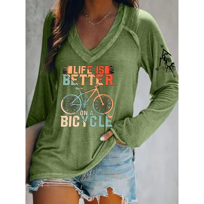 ilstile Women's Bicycle Print T-Shirts Autumn Summer Long Sleeve Casual Loose V Neck Tops Tees Green New Arrival