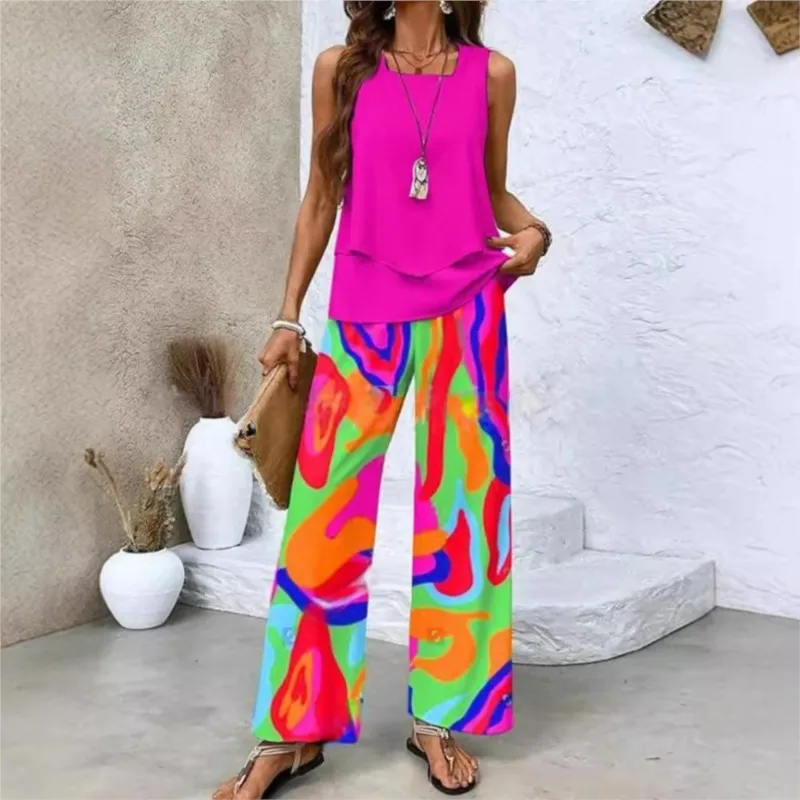 2025 Women 2 Piece Outfits Boho Casual Printed Vest Sleeveless Top Loose Wide Leg Pants Trousers Two Piece Set Elegant Suit