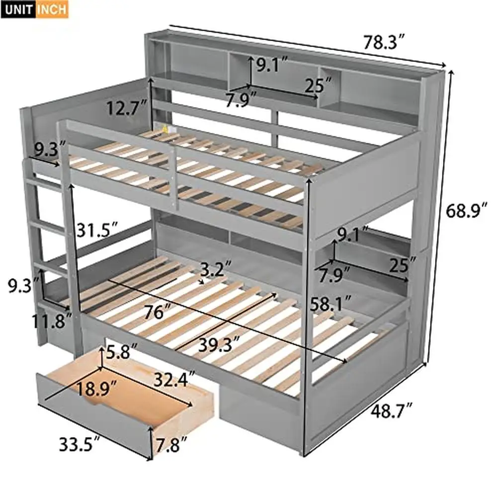 Wooden Twin Over Twin Bunk Bed with Storage Drawer and Built-in Shelves Sturdy Frame Modern Design 78.3