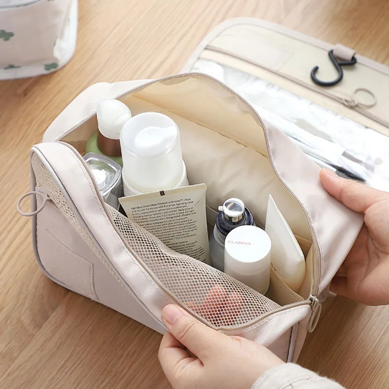 LOERSS Fashion Make Up Bags Portable Large Capacity Cosmetic Bags Solid Color Hook Bag Travel Toiletries Storage Handbags