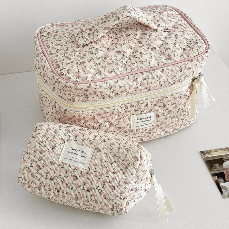 ★▲Fresh Sweet Corduroy Floral Cosmetic Bag Portable Large-Capacity Storage Bag Travel Makeup Bag Toiletry Organizer For Girls