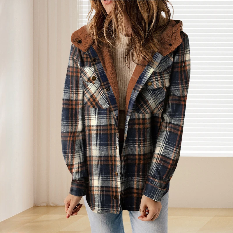 

Women's Woolen Coat Autumn Winter Casual New Plaid Retro Velvet Hooded Long Sleeved Loose Cardigan Jacket Shirt for Women