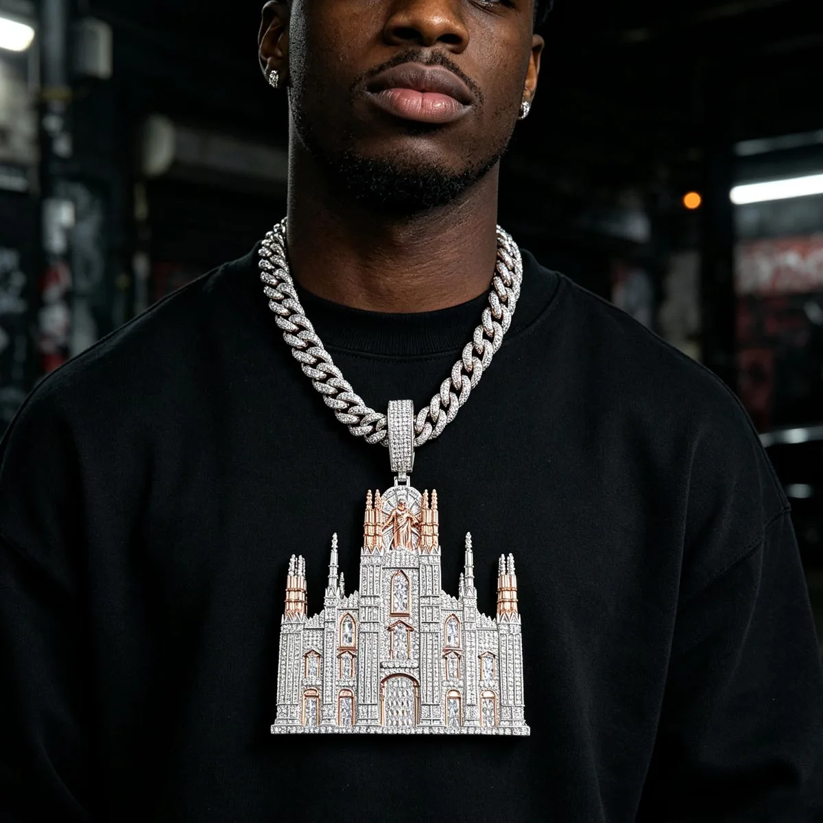 Luxury Bling Charm Necklace 3D Church Design Religious Jesus Statue Castle Pendant  Hip Hop Street Culture Club Party Statement Ornament Big Iced Out Full Micro Pave Shiny CZ 18K Gold Plated Religious For Men Rapper Party Jewelry Accessory Gift