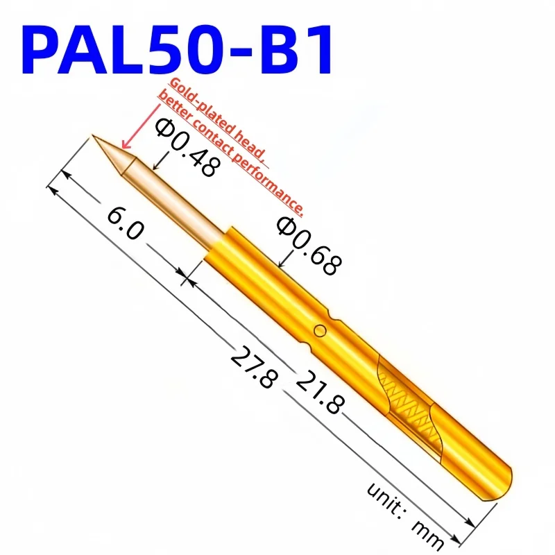 20/100PCS PAL50-B1 Spring Test Probe PAL50-B Test Pin Test Tool 27.8mm 0.68mm Gold Needle Tip Dia 0.48mm Pogo Pin PL50-B PL50-B1