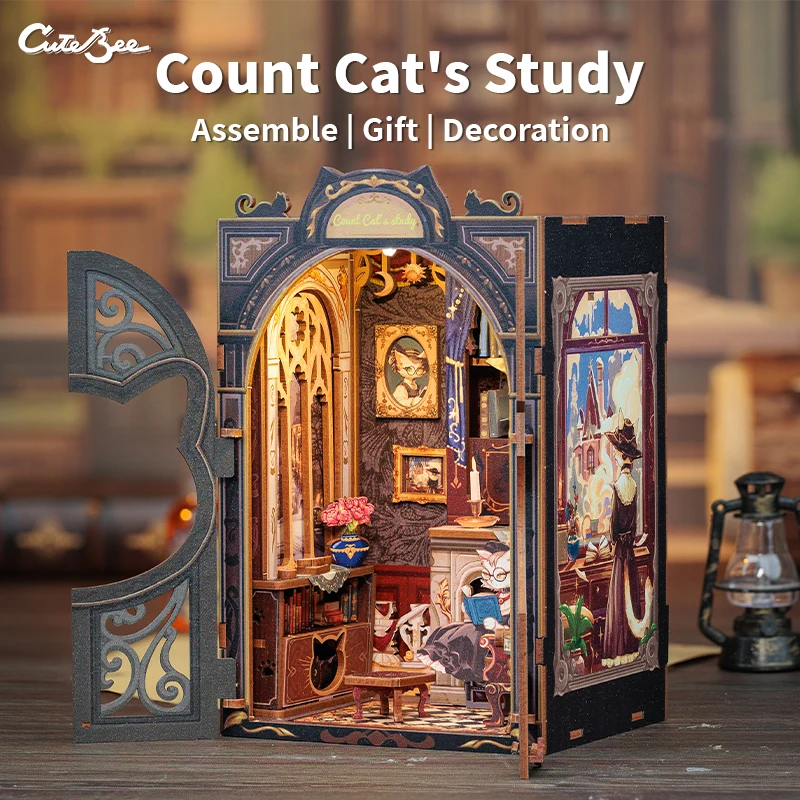 

CUTEBEE DIY Book Nook Miniature Wooden Dollhouse with Lights Bookshelf Insert 3D Puzzle Decor Model for Gifts Count Cat's Study