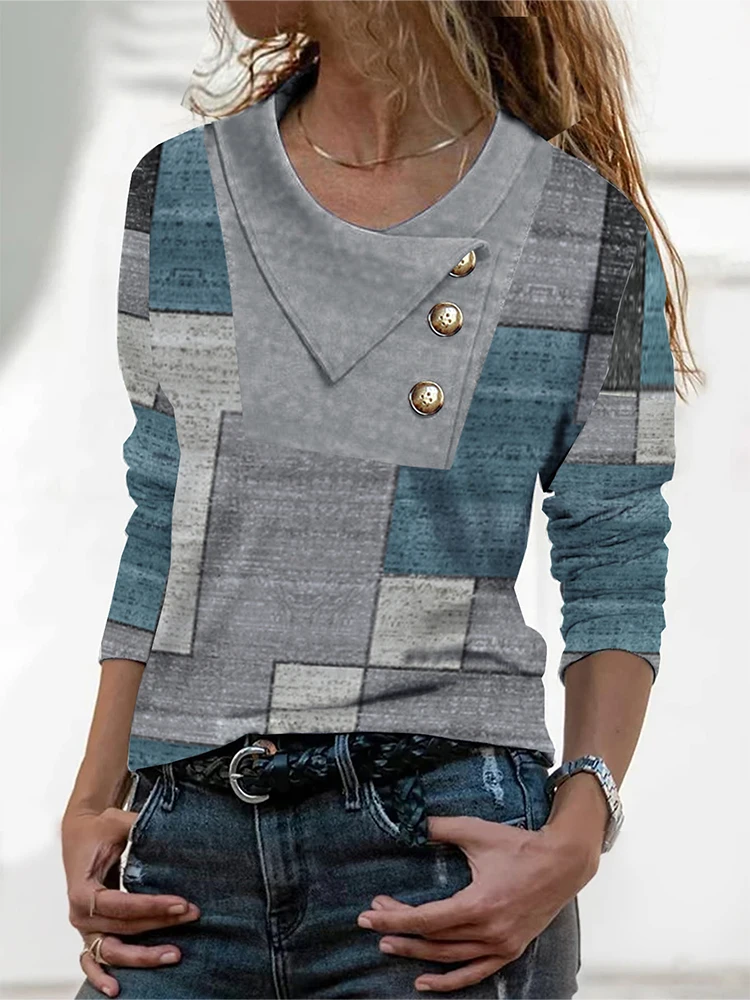 

Женский топ больших размеров с v-образным вырезом и цветными блоками, эластичный повседневный топ с длинными рукавами, весна-осень, элегантный, шикарный, удобный для ухода за пуговицами