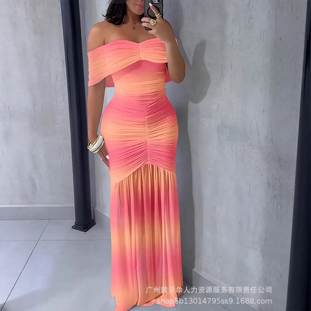 Abiti da donna Abito plissettato Sfumato Sheer Slash Neck Lunghezza pavimento Vita stretta Leggero Strech Slim Elegante Party 2025 Autunno