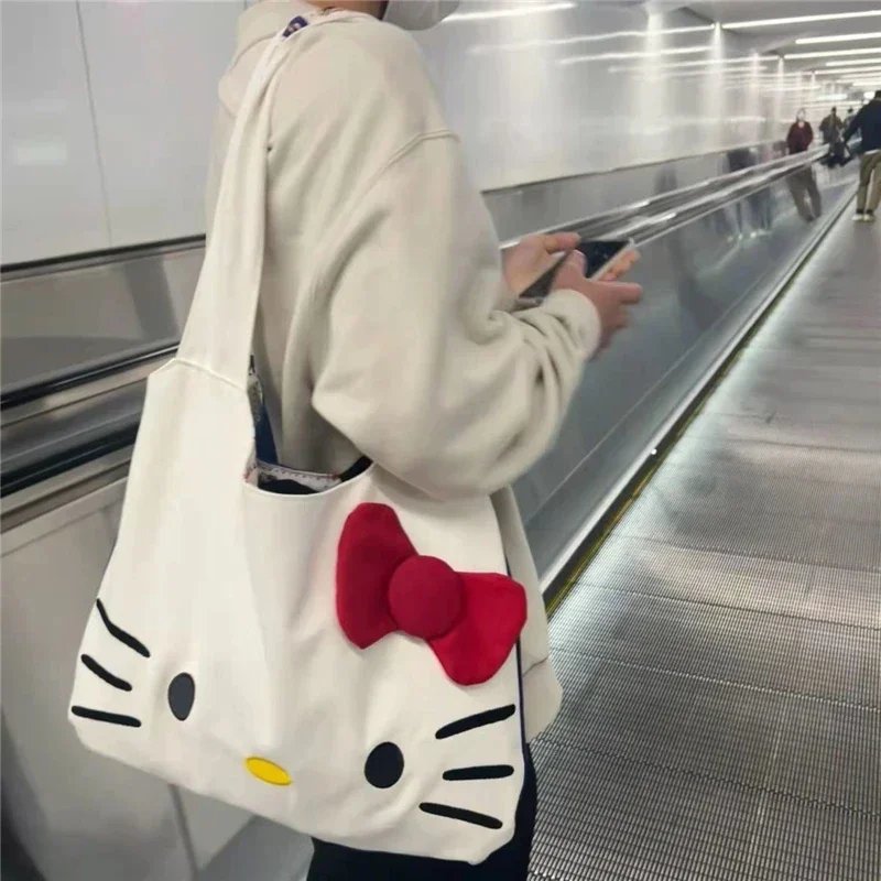 Sanrio Kawaii Hello Kitty Canvas Bags Anime Kt Cat Shoulder Bag Women Casual Tote Foldable Handbag Large Capactiy Storage Bag