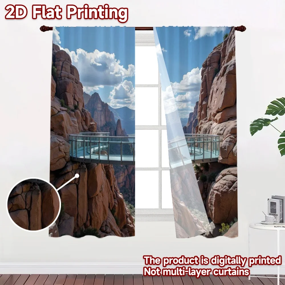 2D flat 2pcs Curtain Home Short Curtains Canyon Bridge View Digitally printed polyester, colorfast Holiday Decorations Use for
