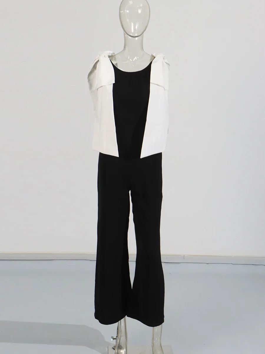 VGH Hit Color Patchwork Tute con lacci per le donne O Collo senza maniche Vita alta Temperamento Tute Stile moda femminile Nuovo