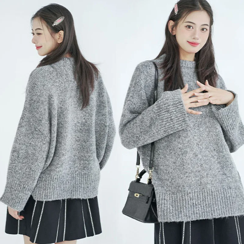 

New Korean Fashion Soft Sticky Gray Sweater Jacket Women Loose Lazy Style Thick Round Neck Worn Outside Knitted Women's Sweater