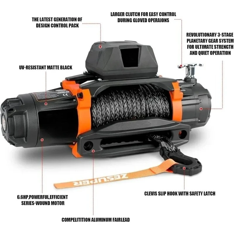 2025 hot sale Authenticity guarantee.12V 13500 lb Load Capacity Electric Winch Synthetic Rope Hook Winch Kit Waterproof IP66 Ele