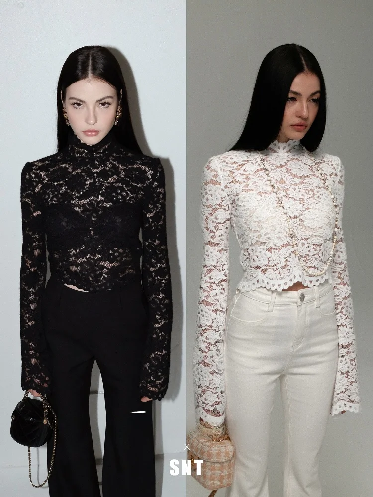 

Ele Bla White Lace Svel Top with Stand Collar by SNT Tagkita Women's Faion Set Autumn Spring Season Adult Size
