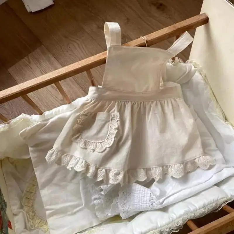 

Toddler Plaid Peter Pan Collar Cotton Puff Sleeves Jumpsuit+ Cute Detachable Apron New Girl Fashion Vintage Princess Bodysuit